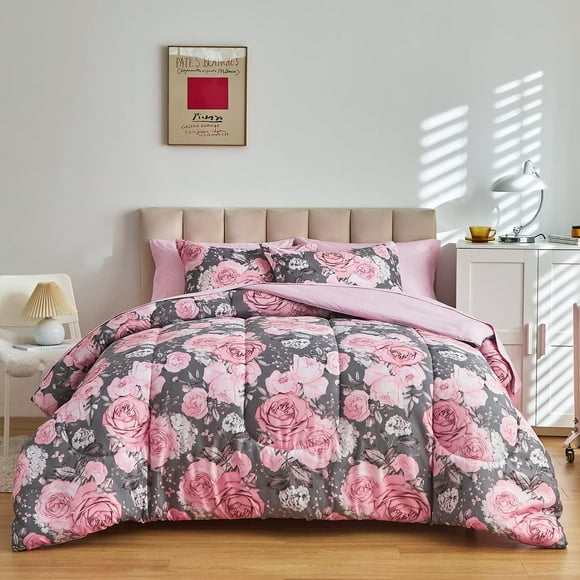 Juego de cama UOZZI BEDDING, edredón con forma de flor, gris, tamaño queen, 7 piezas