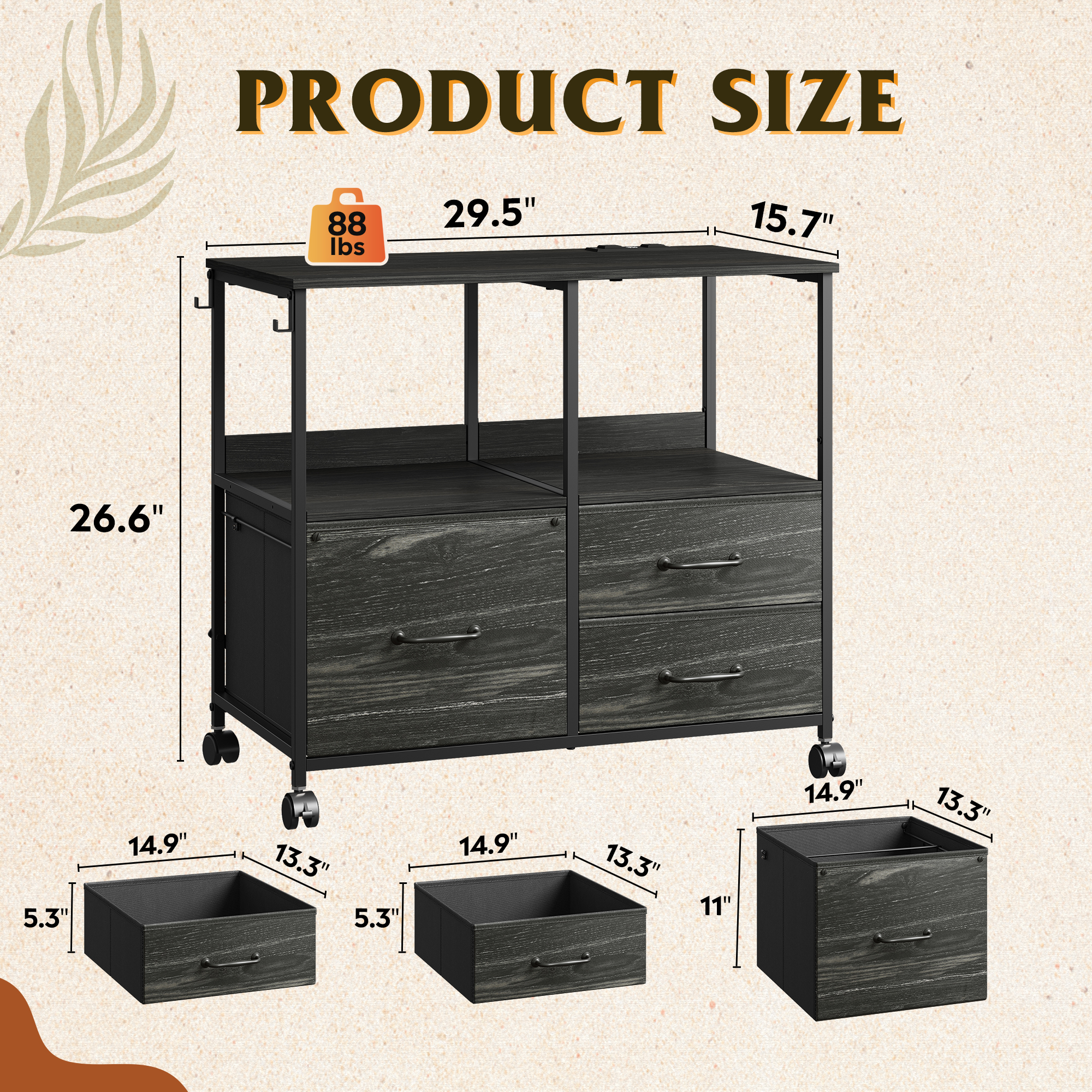 GALAXHERO 3 Drawer File Cabinet with Charging Station, Mobile Printer Stand with Storage Shelves, Filing Cabinet Furniture for Home Office, Fits Letter/A4, Black Wood Grain Print