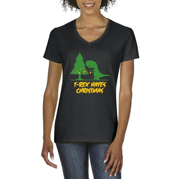 MmF - Women's T-Shirt V-Neck Short Sleeve - XMAS DINOSAUR