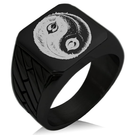 Stainless Steel Peacock Feather Yin Yang Geometric Pattern Biker Style Polished Ring
