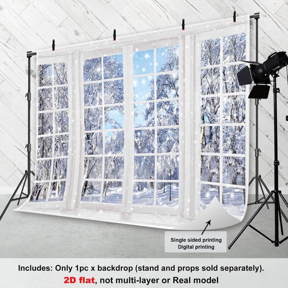 Fluzimir 10x8ft Polyester Fabric Winter Photography Backdrop Nature Snowy Scenery Wonderland French Window Background for Family Christmas Happy New Year Party Decor Banner Portrait Photo Booth Props
