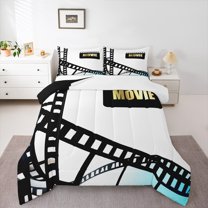 Manfei Teens Cinema Trictet Bedding Comforter Set, Filmstrip Movie Night Twin Comforter Sets, Retro Theater Theme Reversible Bedding Set, Super Cozy Room Decor, 2-Piece