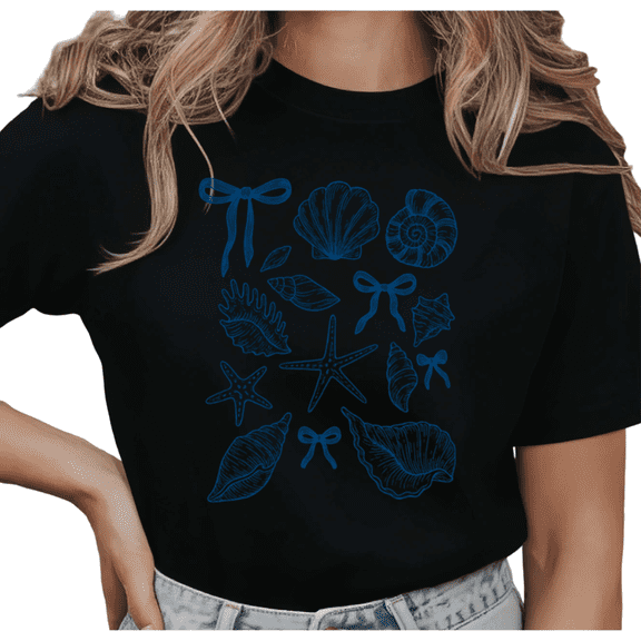 Women's Vintage Seashells & Bows Graphic T Shirt Coquette Beach Ocean Lover Breathable Short Sleeve Round Neck Top Black S-5XL