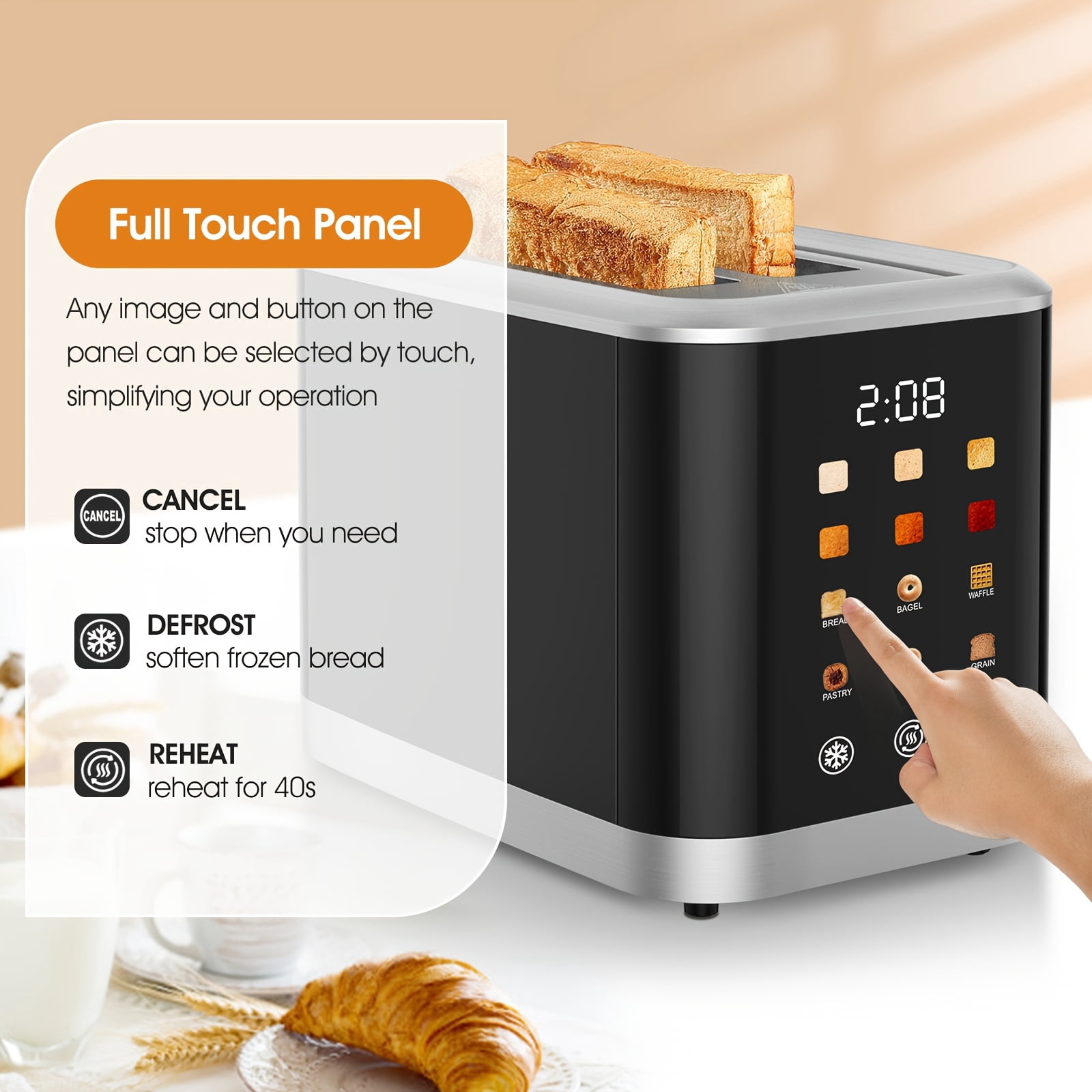 2 Slice Touch Screen Toaster | 1.5 Inch Wide Slot for Bread, English Muffins, Croissants, Bagels | 5 Adjustable Toast Settings, Cancel and Defrost, Supports 6 Bread Types and Shade Settings