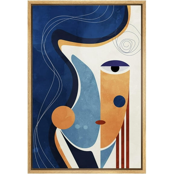IDEA4WALL Framed Canvas Print Geometric Mid-Century Paint Stroke Face Abstract Shape Illustrations Pop Portrait Art Bohemian Colorful Ultra for Living Room, Bedroom, Office - Natural 24"x36"