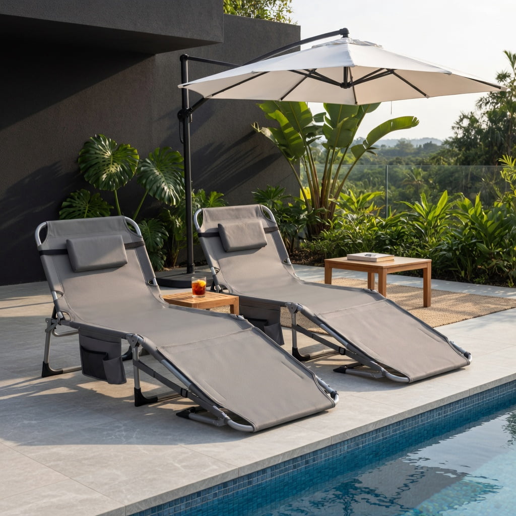 Hommoo 5-Position Adjustable Outdoor Folding Chaise Lounge Chair with Pillow, Lightweight & Portable for Pool, Beach, Patio, or Backyard, Blue