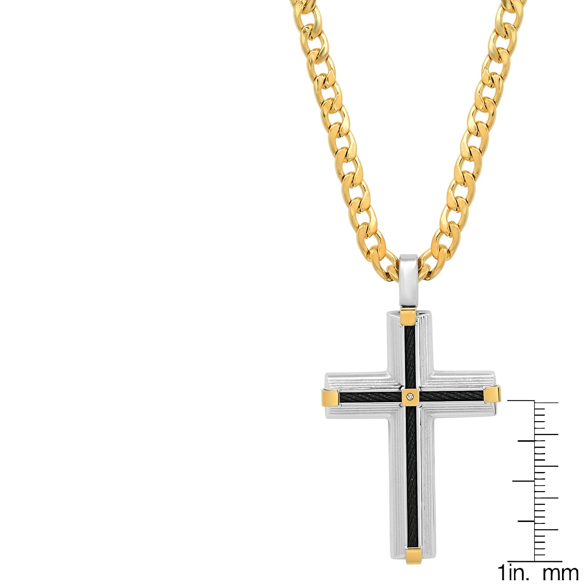 Men's Tri-colored Black ip Cross Pendant with 18k Gold Plating and Simulated Diamond