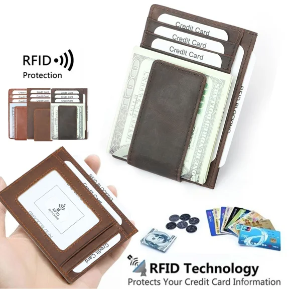 Wallet for Men Slim Magnetic, RFID Blocking Men's Wallet W/ Money Clip, Genuine Leather Front Pocket Wallet for Men & Women, Small Travel Wallet W/ID Window, 6 Credit Card Slots