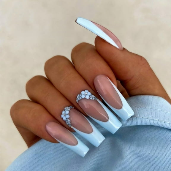 Yoyauz Coffin Pressed Nails Fake French Nails Full Coverage Acrylic Fake Nails for Ladies & Girls 24PCS（Blue）