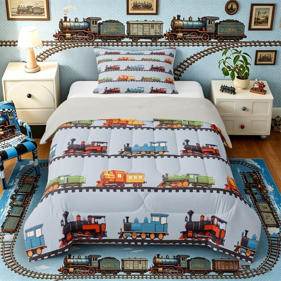 Castle Fairy Cartoon Vintage Train Twin Comforter Sets 3-Piece for Kids, Colorful Locomotive Bedding Set for Bedroom, Blue Red Green,Grey Reversible