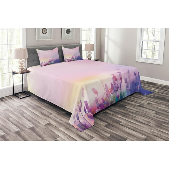 Ambesonne Pink Quilted Bedspread Set 3 Pcs, Lavender Violet Flowers, King Size, Lilac Purple