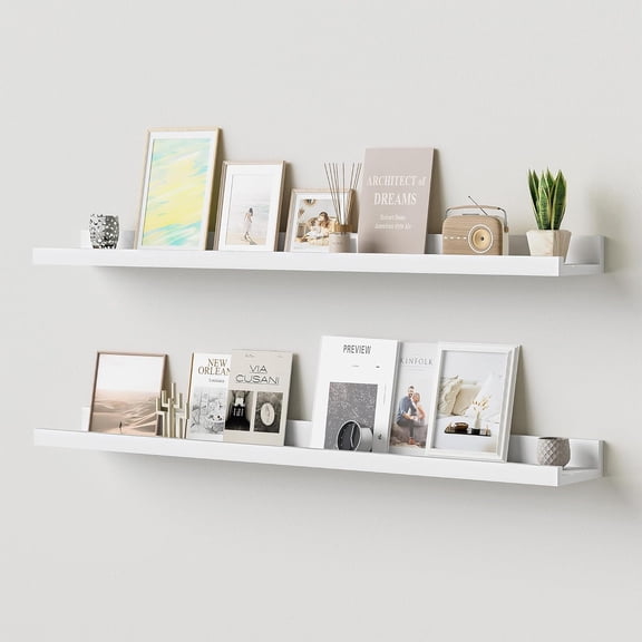 Floating Shelves for Wall, 36 inch Solid Wood Picture Ledge Shelf, Picture Shelf for Wall with Ledge, Floating Book Shelves for Living Room Bedroom Kitchen Nursery Decor, White, Set of 2