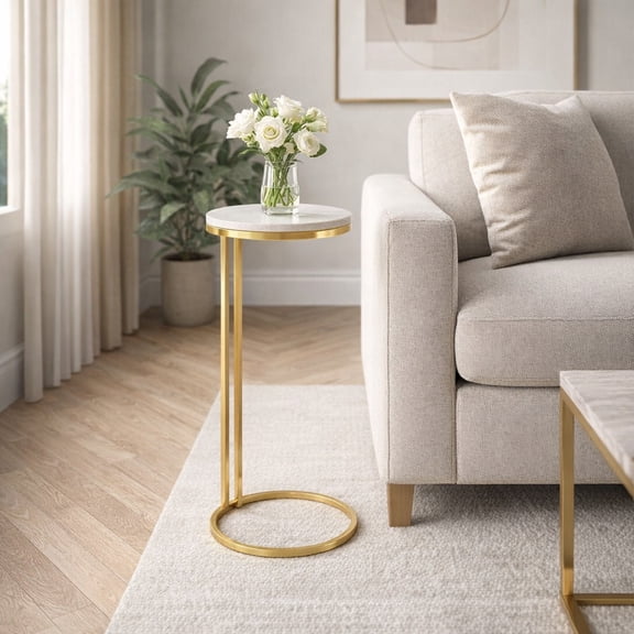 Round End Side Table or Small Night Stand for Living Room Accent - Metal Drink Table with Marble Top for Bedside and Home Decor - Space-Saving Display for Small Spaces Styling - 24" White & Gold