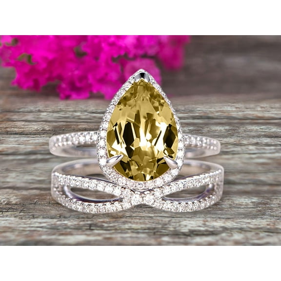Bridal Set Tear Droped Champagne Diamond Moissanite Engagement Ring 2.5 Carat 8x5mm Pear Shape Gemstone Wedding Set Anniversary Ring On 10k White Gold Shining Jewelry With Matching Band