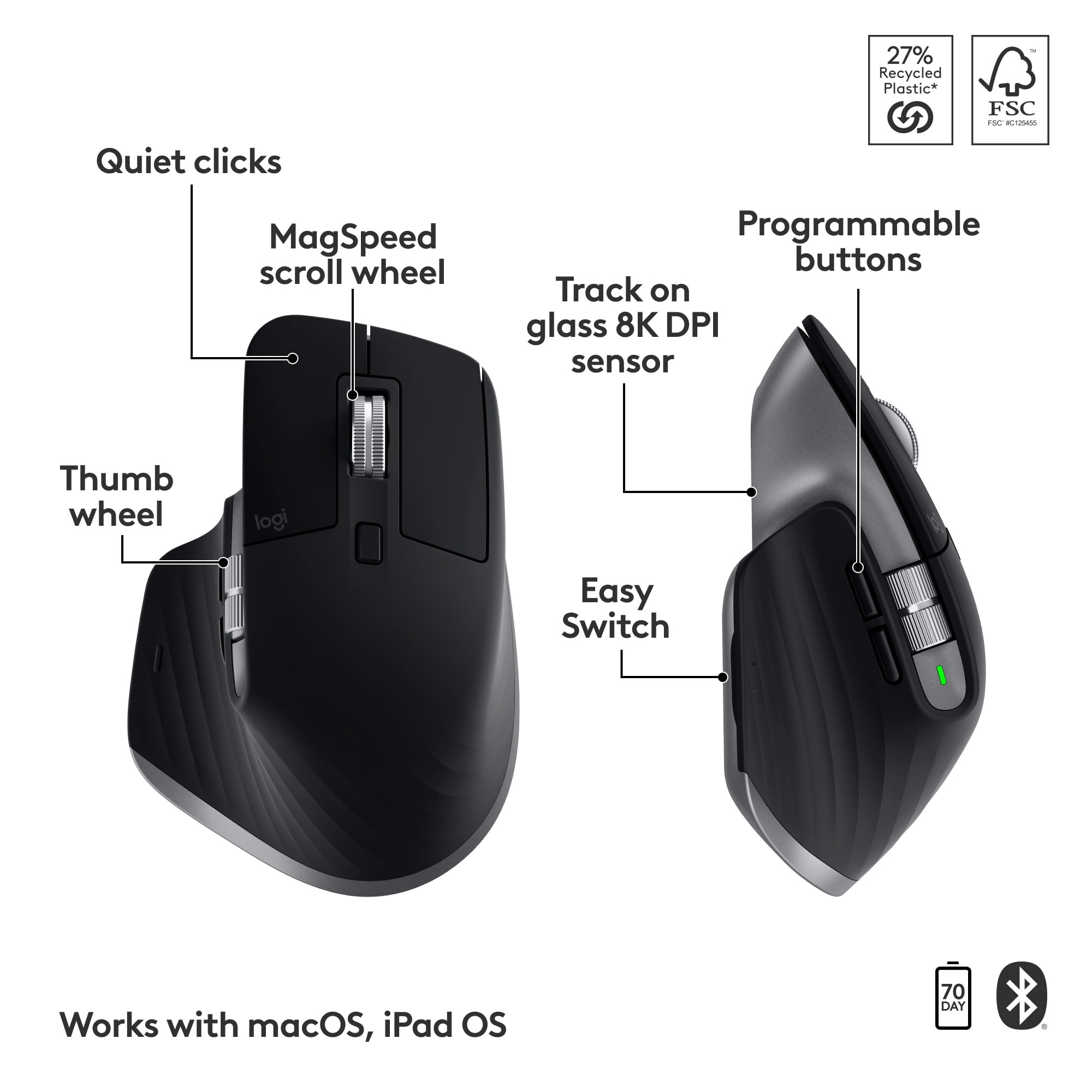 Logitech MX Keys S Combo for Mac, Wireless Keyboard and Mouse with Palm Rest, Backlit Keyboard, Fast Scroll Wireless Mouse, Space Grey