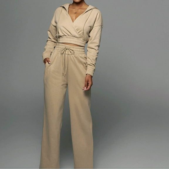 Dwaogom Fall Fashion Women Long Sleeve Hooded Drawstring V-Neck Blouses Shirts Elastic Waist Tie Pocket Pants Knitted Sweater Lounge Sets Women Outfits Hoodie Sweatshirt Tracksuit