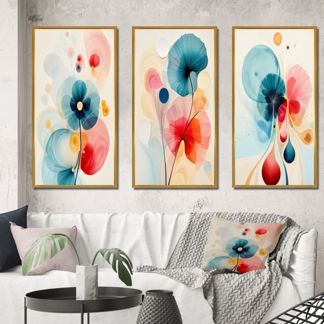 Designart "Blossoming Energy Retro Minimal Flower VI" Abstract Painting Framed Wall Art Set Of 3 - Blue Modern Frame Gallery Set For Office Decor