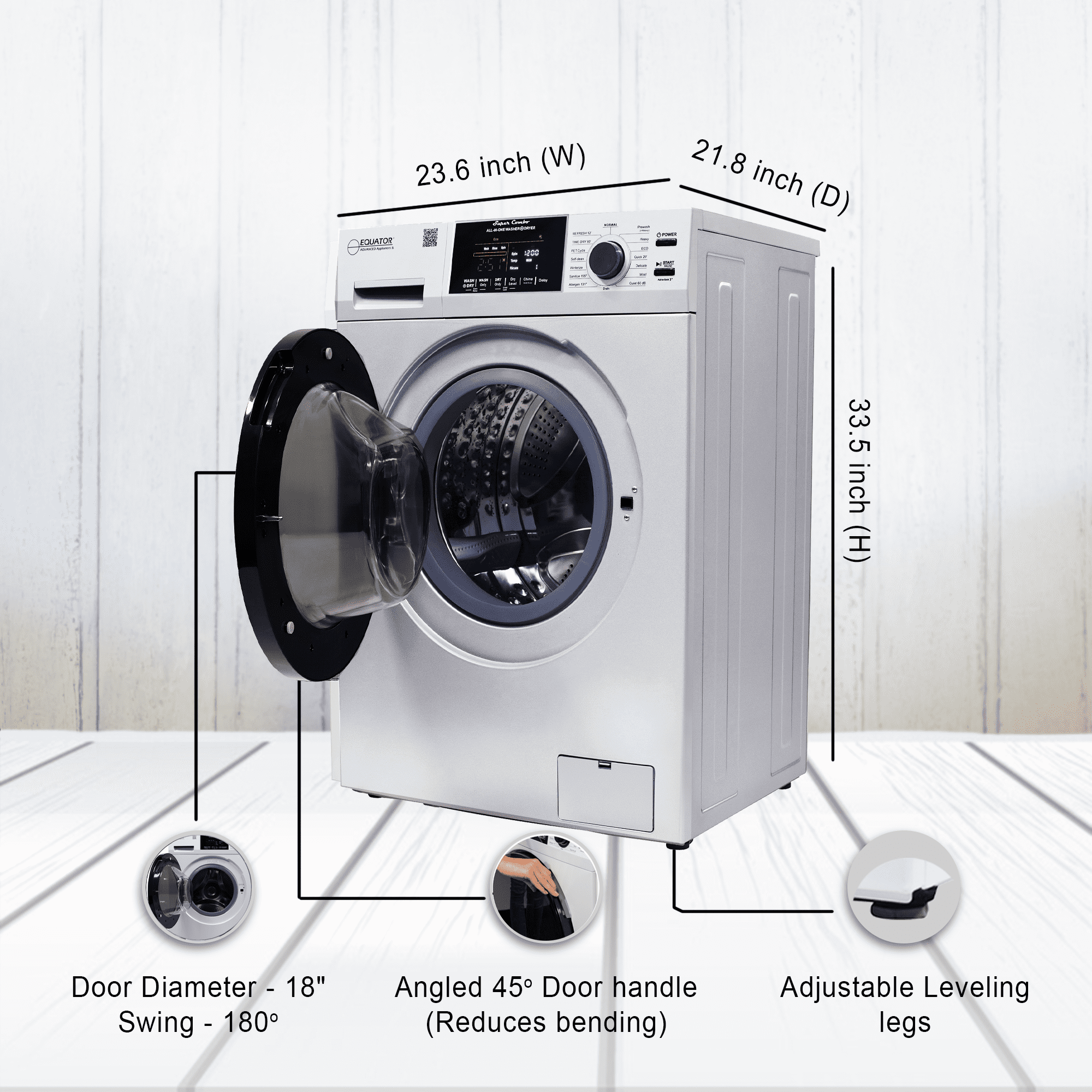 Equator Silver All-in-One Washer Dryer VENTED-DRY 30% FASTER than Condense 15lb 110V with Pet Cycle,Dual Fans and Adjustable Legs