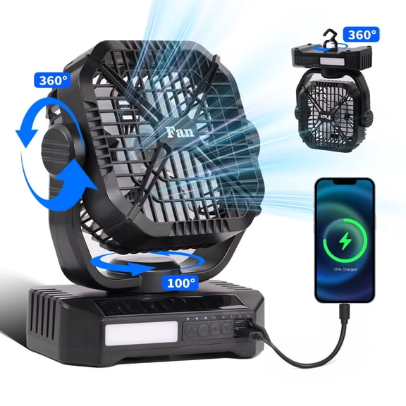 SaveJoy Camping Fan, Rechargeable Travel Fan with LED Lantern & RC, 8000mAh Battery Operated Fan for Outdoor, Office, Bedroom, Fishing, Picnic
