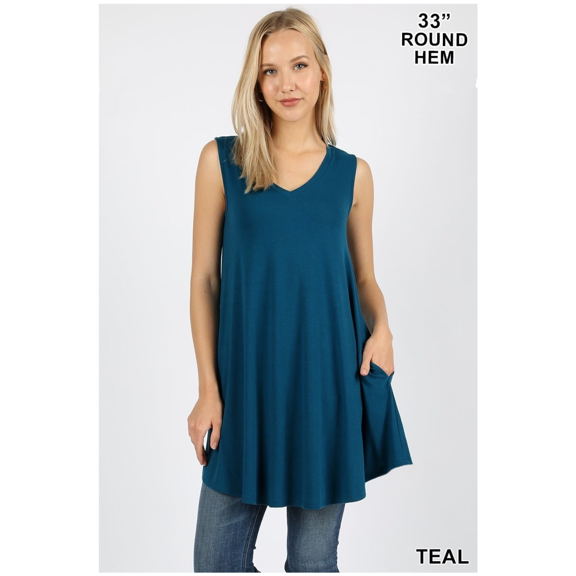 V-NECK ROUND HEM SLEEVELESS FLARED TUNIC WITH POCKETS 2 COLORS AVAILABLE (TEAL)