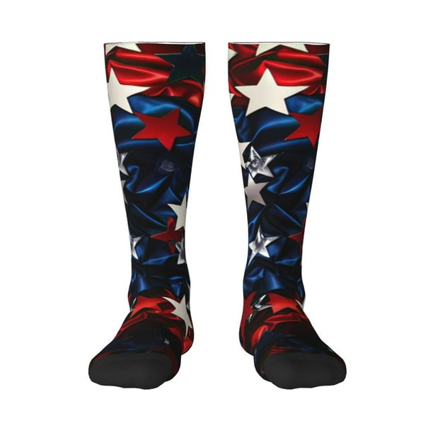Balery Red Blue White Stars Calcetines novedosos Calcetines deportivos Calcetines hasta la rodilla Calcetines de algodón Calcetines originales y geniales