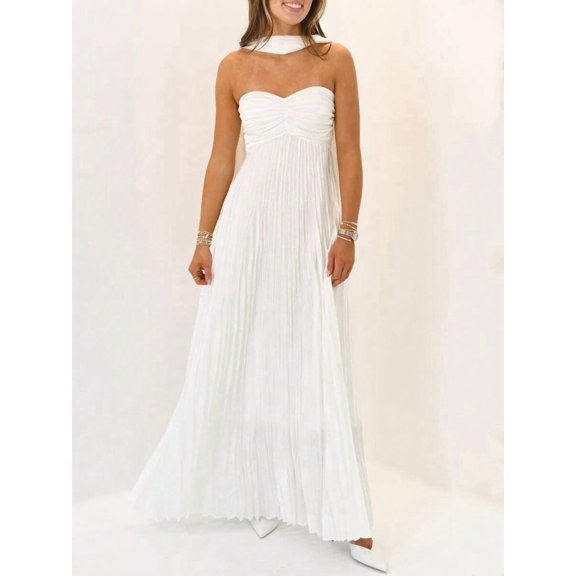 White Pleated Strapless Maxi Dress With Choker Neckline