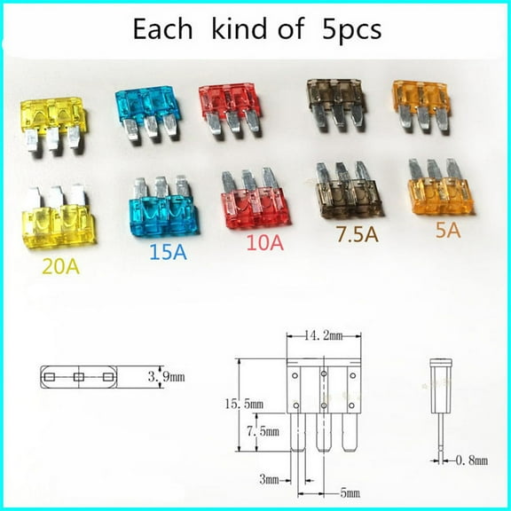 25 Pcs Car Fuse Micro3 Fuse 3 Pins For Ford Focus Mondeo Dodge JEEP 5A 7.5A 10A 15A 20A