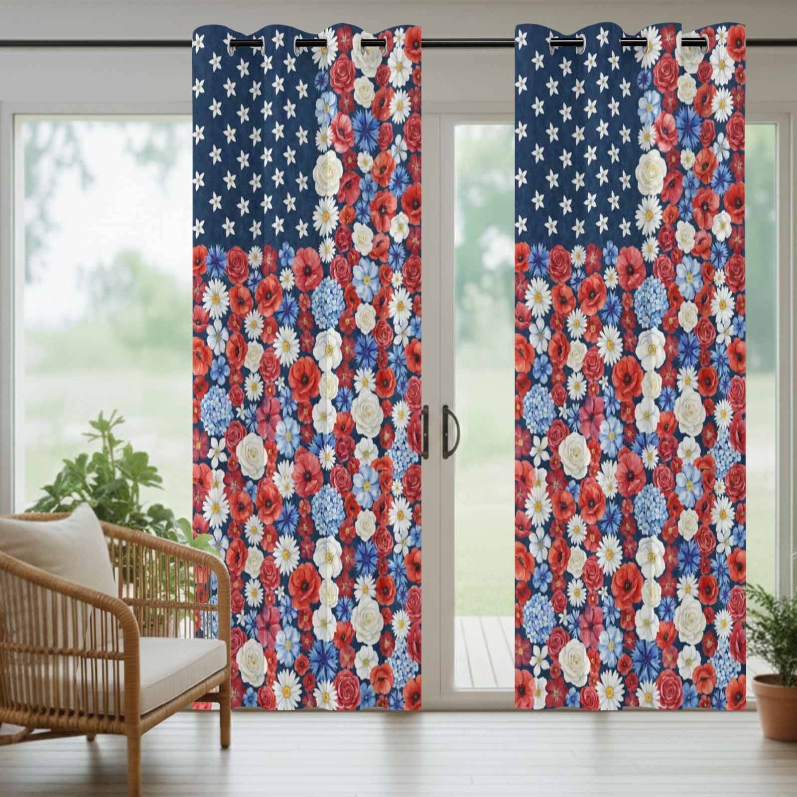 Independence Day Outdoor Curtains for Patio, Country U.S. Flag Theme Red Poppy Blue Flower Sunshade Privacy Drapes Grommet Waterproof Outside Curtains for Porch/Cabana/Balcony 54"x 108", 1 Panel