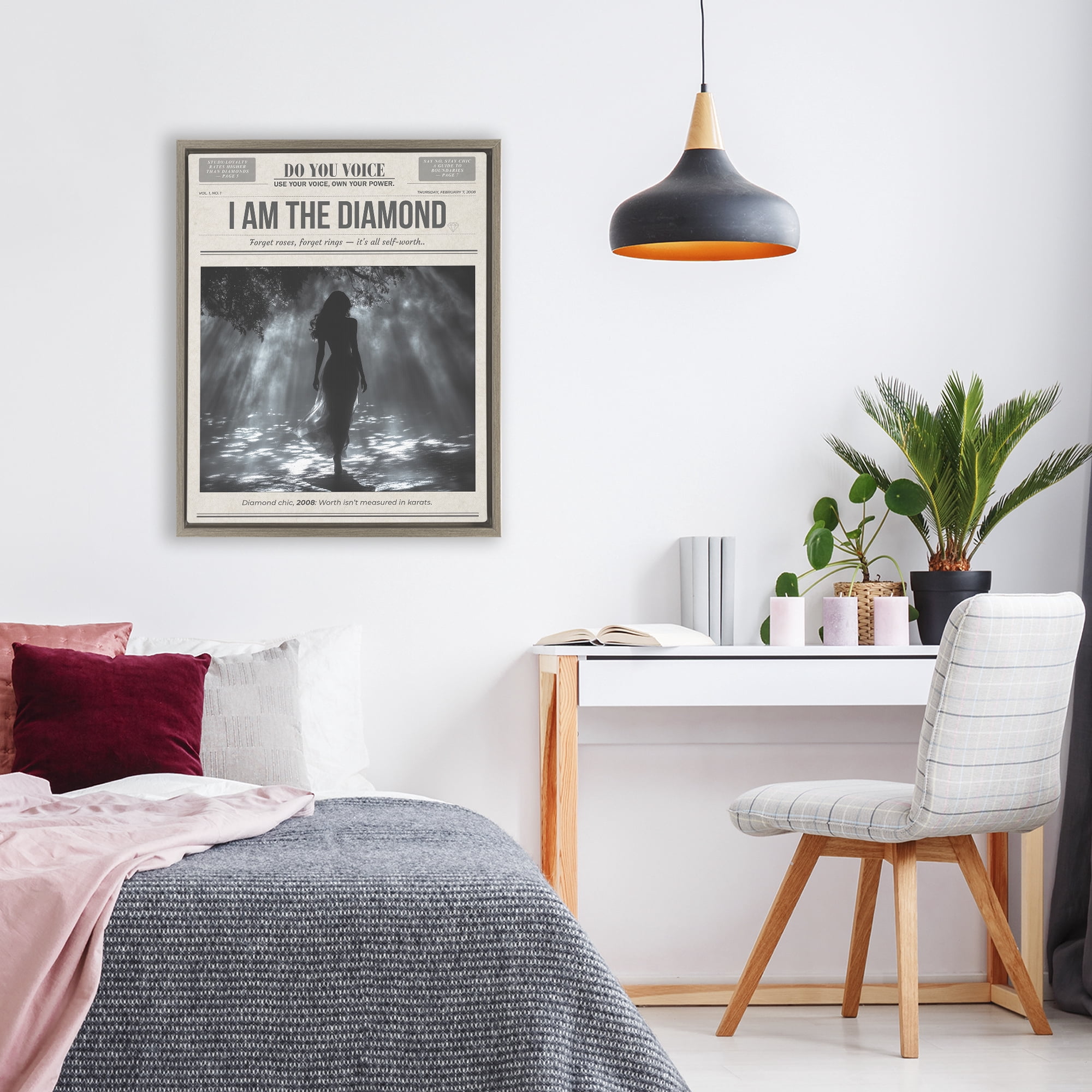 Stupell Industries Diamond Chic Newspaper Brown Framed Floater Canvas Wall Art, design by A Barefoot Stylist