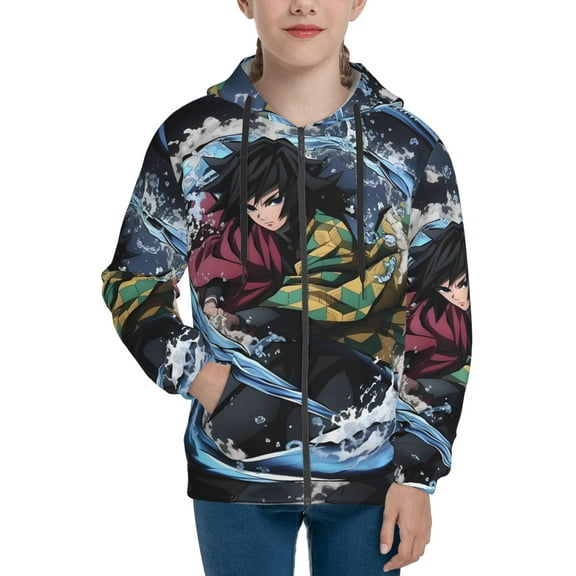 Demon Slayer Giyu Tomioka Kids Zip Up Hoodies for Boys Girls 6-16 Hooded Sweatshirt with Pocket Long Sleeve Jacket Small
