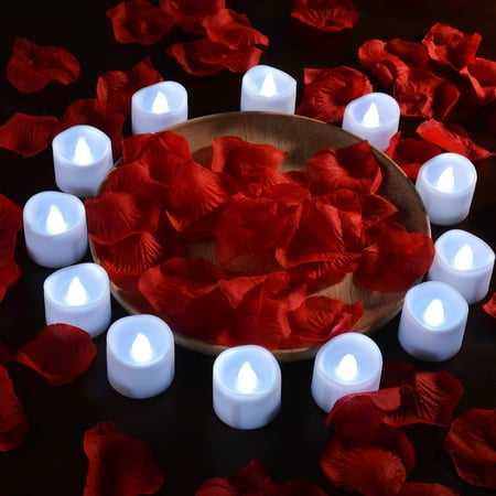 Image 12pcs LED Tealight Candles Battery Operated Flameless Smokeless w/ Decorative Fake Rose Petals Cool