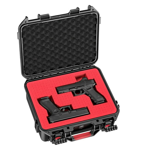 Pistol Hard Case, Waterproof & Durable Gun Cases for 2 Handguns, Handgun Case Lockable with 2 Custom Foam Inserts for Gun Storage