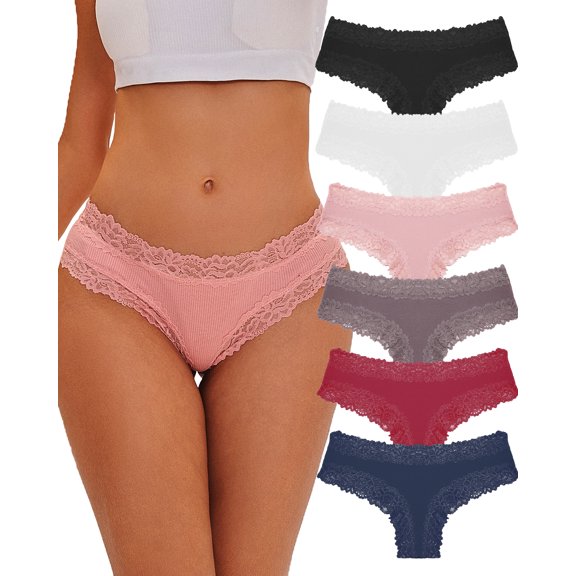 IF YOU Womens Cotton Underwear Lace Brazilian Panties Soft Breathable Cotton Bikini for Ladies 6 Pack