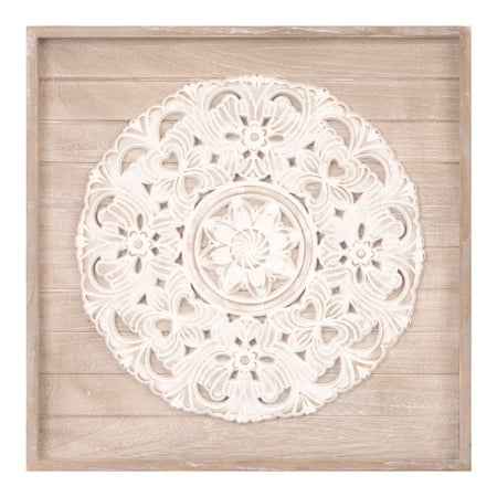 - 19x19 Hand Carved Medallion Wood Plank Framed Wall Decor