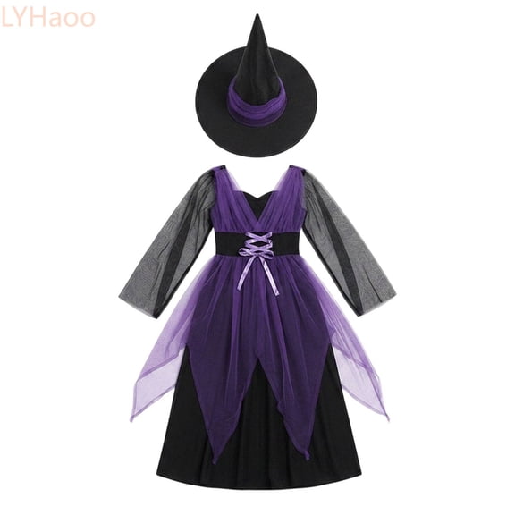 LYHaoo Witch Dress for Girls, Kids Long Sleeve Halloween Tulle Dress Party Gown(XL)