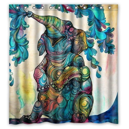 Ethnic Elephant with Asian Watercolor Bathroom Shower Curtain Set Fabric 71Inch