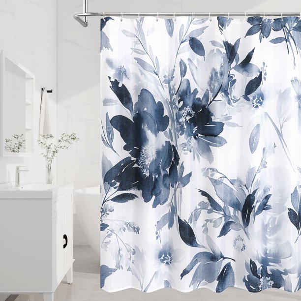 Cortina de ducha Litabel azul marino con estampado floral, 180 x 180 cm