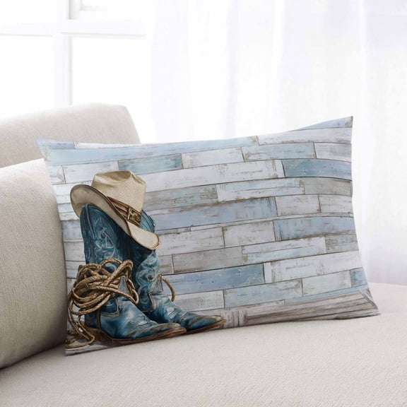 Western Cowboy Boots Throw Pillow Covers, Vintage Country Blue Wooden Soft Breathable Pillow Cases with Invisible Zipper for Sleeping, Queen Size Pillowcases for Couch Bed Sofa Chair 20x30 Inches