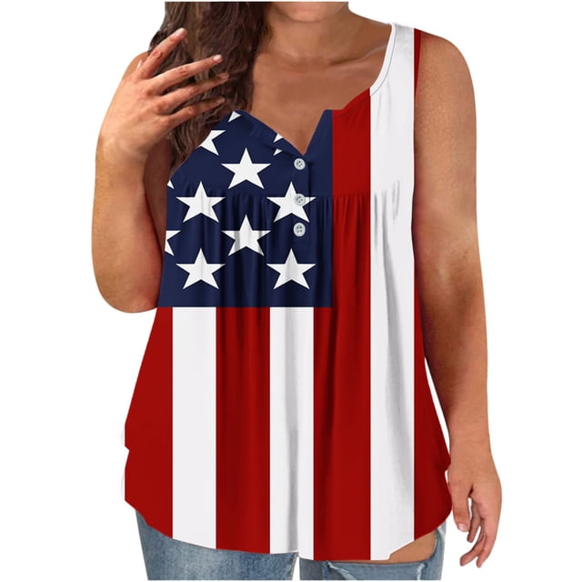 KIHOUT Plus Size Women's 4th of July Tank Top V Neck Button Sleeveless Front Ruffled Print Tunic Tops Black 2XL