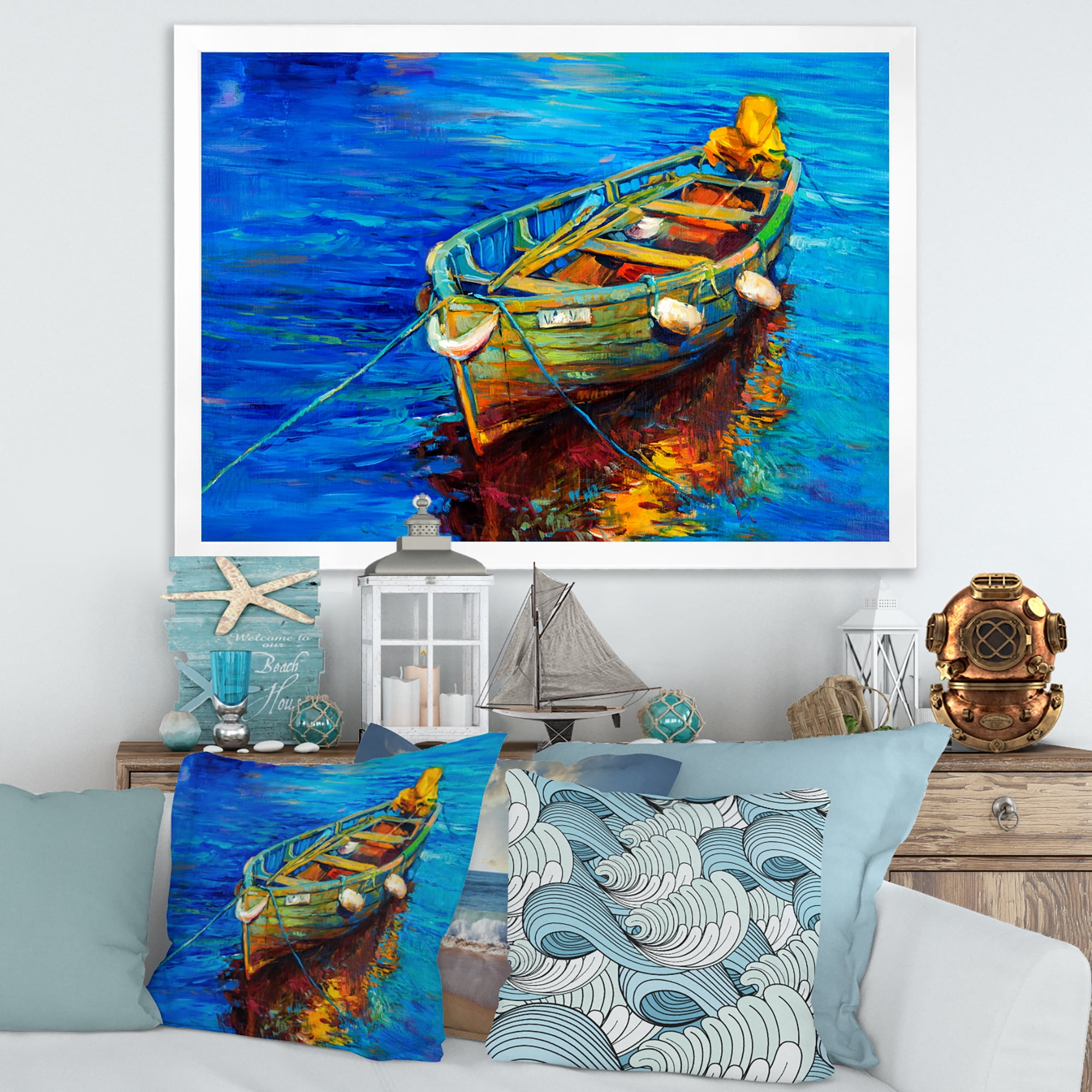 Boats During Warm Sunset Resting On The Water IV 32 in x 16 in Framed Painting Canvas Art Print, by Designart