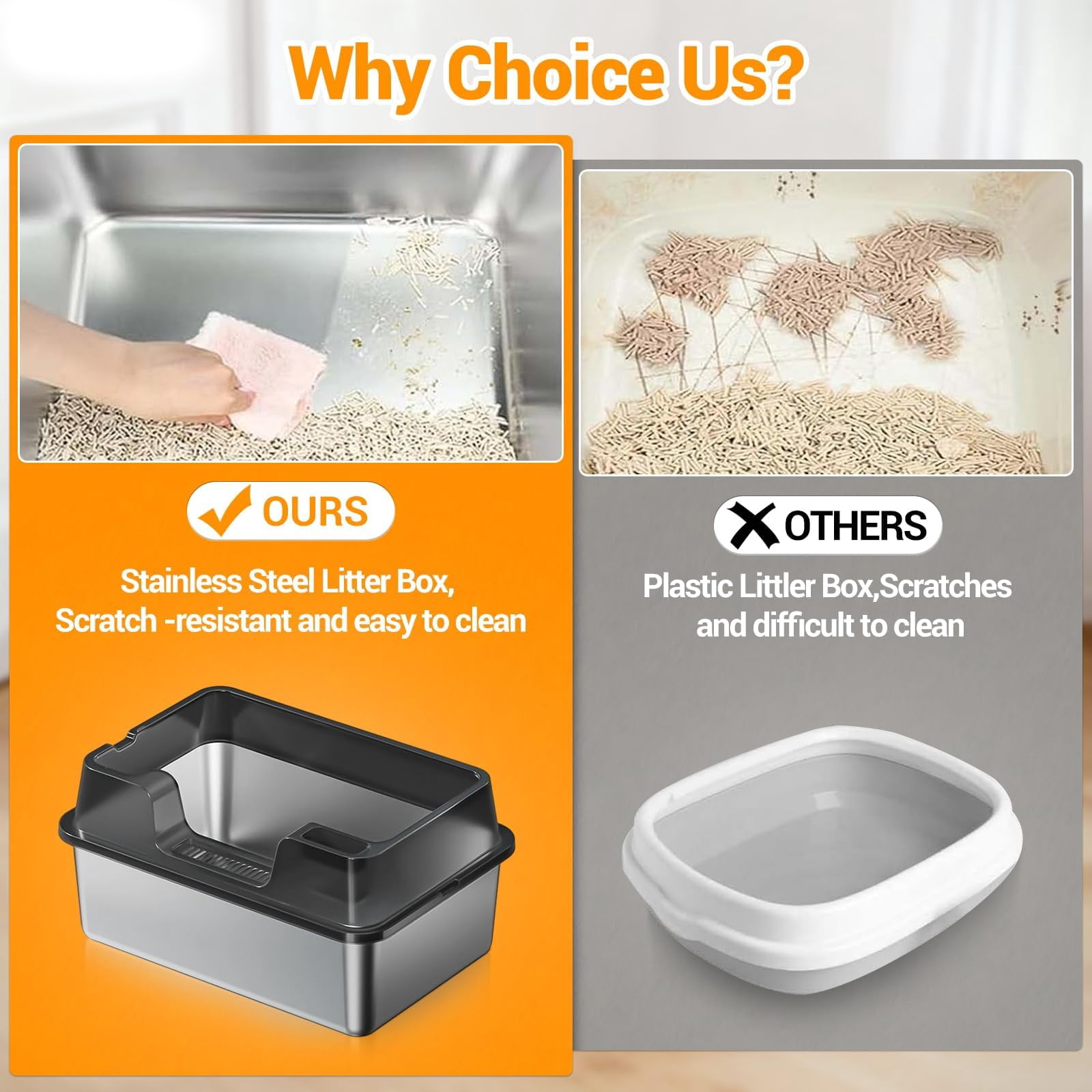 Stainless Steel Litter Box, XL Enclosed Cat Litter Boxes with Lid for Big Cats and Multi-Cats, High Sided, Anti-Urine Leakage Non-Stick Bottom Include Scoop Easy to Clean