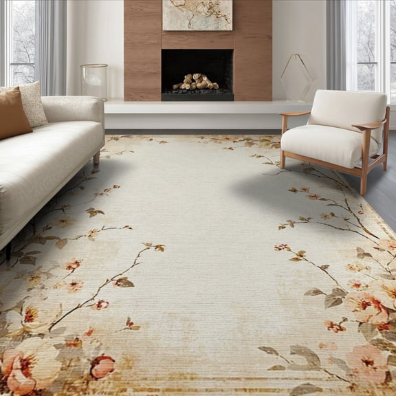 ODIKA 8'x10' Washable Area Rug Neutral Vintage Fall Boho Distressed Botanical Vines Border Cream for Living Room, Under Sectional, Family , Durable, Non-Slip