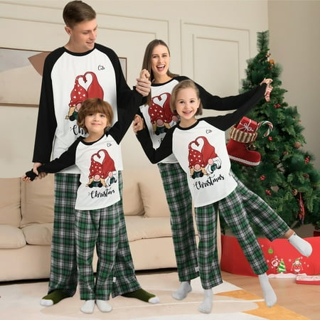 

Homore Family Christmas Pajamas Matching Sets，Long Sleeves Cute Santa Print Top with Green Plaid Pants