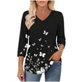 thumbnail image 5 of Black Ladies Brunch T Shirts 3/4 Length Sleeve Tee Tops for Women Vneck Spandex Loose Fit Patchwork Fall Summer Shirts 2026 Clothes L, 5 of 8