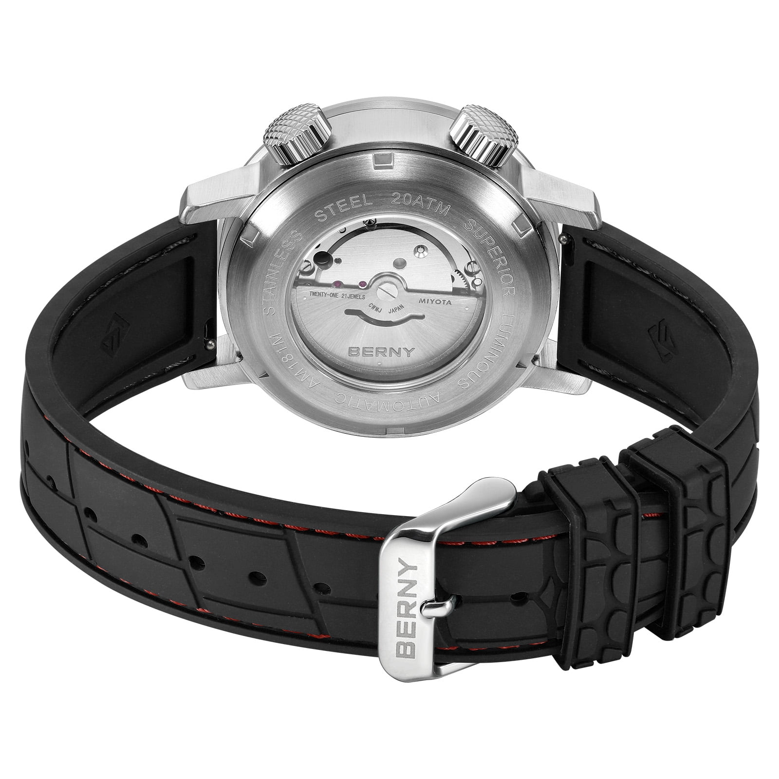 BERNY Automatic Dive Watches for Men, Sport 200M Waterproof Analog Mechanical Watch with Date, Super Luminous, Fluororubber Strap, Sapphire Crystal, Fashion Men's Pro Diver Watch (Black)
