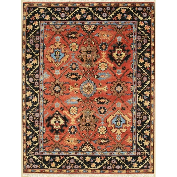 Hand Knotted Wool Rust / Navy Traditional All Over Traditional Knot Rug, Made in India