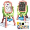 Easel for Kids, Rotatable Double Sided Magnetic Drawing Board Adjustable Height Standing Toddlers Art Easel with Deluxe Painting Accessories-Pink