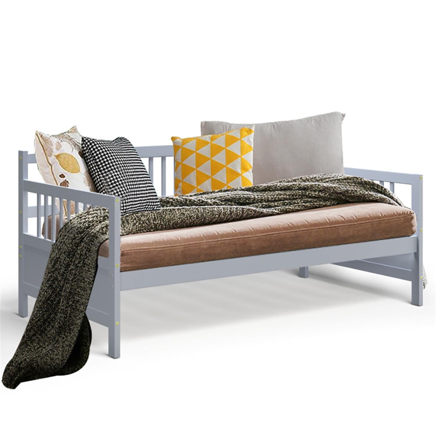 Demi Bonn Twin Size Wooden Slats Daybed Bed with Rails, Modern Bed Frame for Teens, Gray