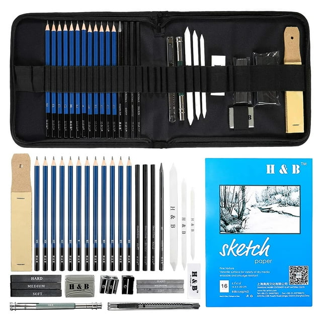 H & B Juego de Lápices de Dibujo de 33 Piezas Juego de Lápices de Dibujo y Kit de Dibujo Incluye Bloc de Dibujo Lápices de Grafito Barras de Carbón y Suministros de Borrador para Artistas/Principiante