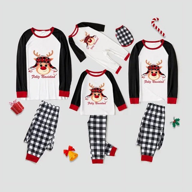 Pijamas familiares a juego de Navidad, diseño exclusivo, cabeza de ciervo con sombrero, Feliz Navidad, conjunto de pijamas blancos